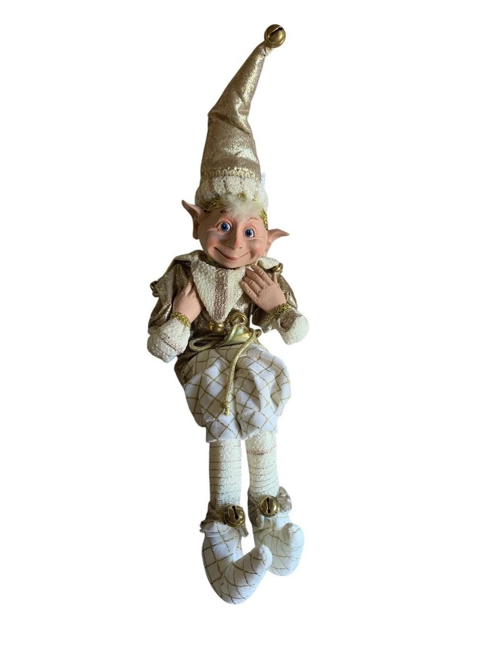 Posable Holiday Christmas Elf With Bells Gold White 22" Shelf Sitter‎ Resin Face